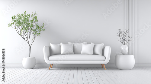 A white couch sits in front of a wall with a potted plant