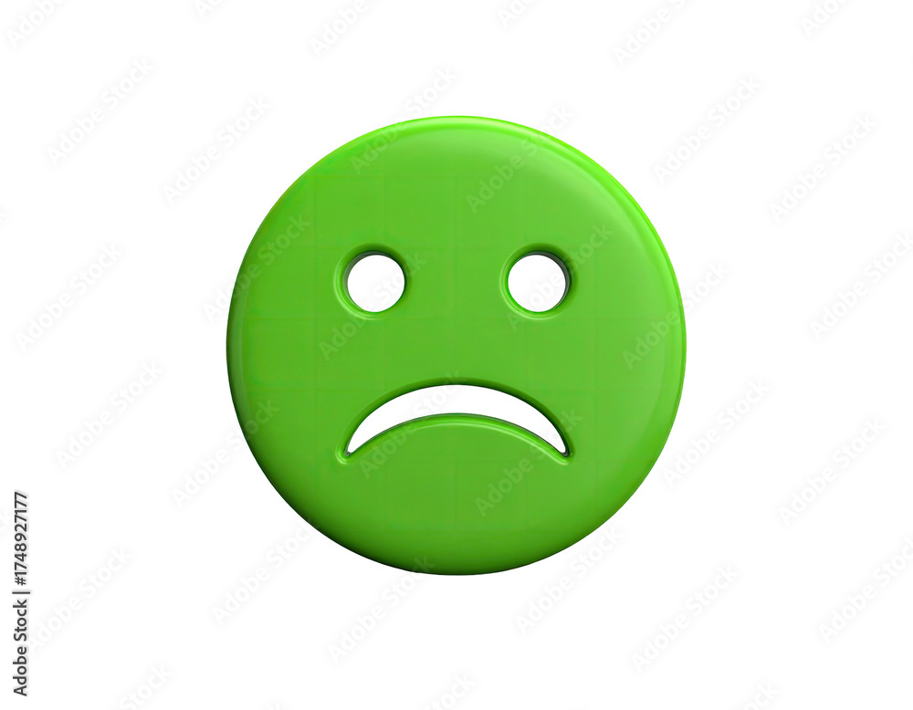 Fototapeta premium A rendered green sad-faced emoji, rendered on a black background