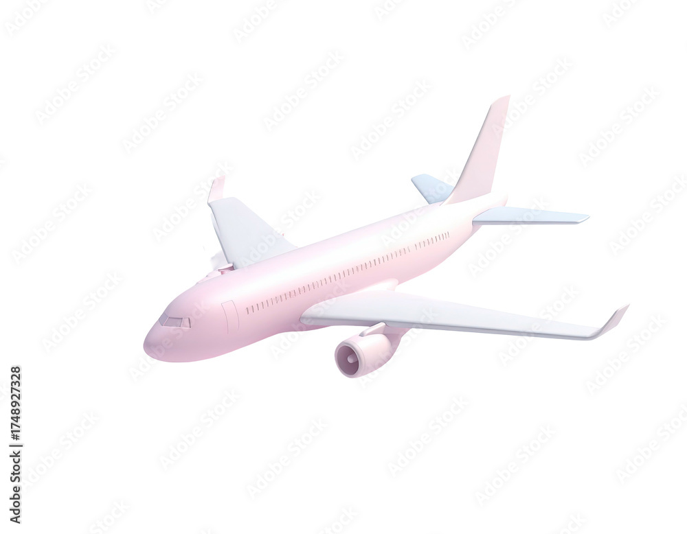 Obraz premium Pink and white passenger airplane, angled, isolated against a stark black background