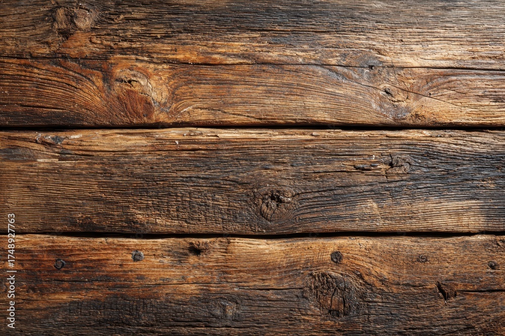 Obraz premium Weathered, rustic wooden planks form a textured background surface. Use as backdrop for designs needing a vintage, natural touch.