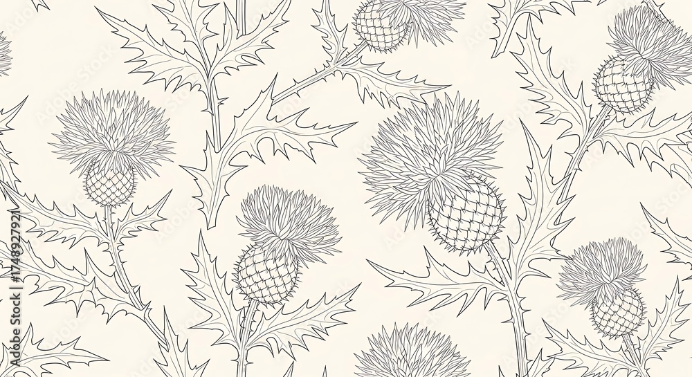Fototapeta premium Elegant thistle flower pattern with hand-drawn botanical aesthetic elements