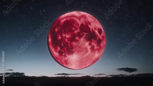 A vibrant, blood-red full moon dominates the night sky, with stars, clouds, and silhouetted landscape