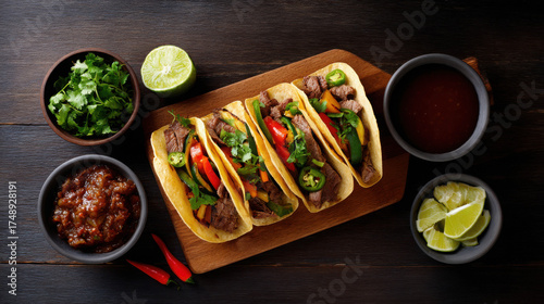 Wallpaper Mural Rustic Tabletop Setup Featuring Grilled Tacos with Colorful Vegetables, Lime Wedges, Salsa, and Fresh Cilantro on Dark Wood Background Torontodigital.ca