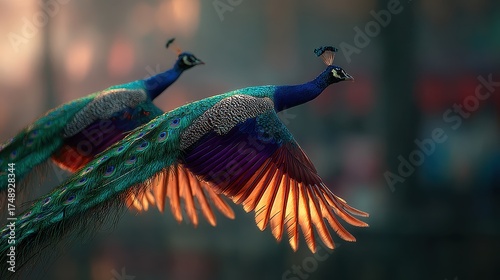 Two colorful peacocks in mid flight with wings spread
