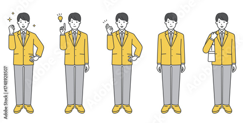 制服姿の男子学生の全身イラスト素材セット