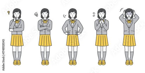 制服姿の女子学生の全身イラスト素材セット