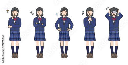 制服姿の女子学生の全身イラスト素材セット
