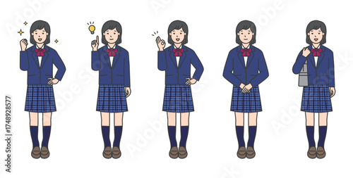 制服姿の女子学生の全身イラスト素材セット