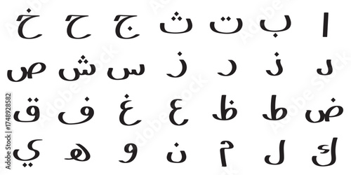Hijaiyah Arabic Alphabet Showcase: A detailed view of the Arabic alphabet displayed in a clear, legible font, highlighting the intricate calligraphic forms and linguistic richness.