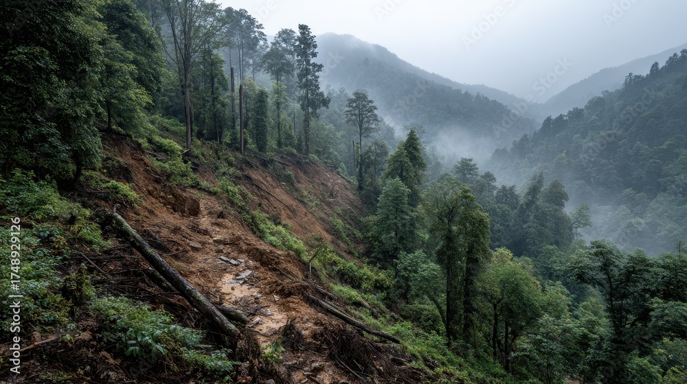 Fototapeta premium Hills with trees, and a landslide scar landscape with fog on a cloudy day. Show the impact of natural disasters and geological events.