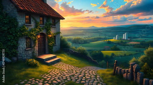 A picturesque stone cottage nestled within a rolling green hills landscape, bathed in the warm light of a vibrant sunset sky. The cottage is adorned with climbing ivy, and a charming stone pathway lea