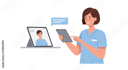 Caring nurse using tablet for telehealth consultation, providing convenient and accessible healthcare for patients, modern digital health practice, vector