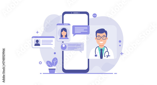 Get virtual healthcare with a smiling doctor on a modern phone app, access telemedicine and medical consultations easily for a healthy life today