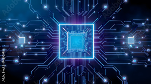 Digital artwork of a glowing circuit board with a central processing unit (CPU), showcasing modern electronic system technology and interconnected pathways. Ideal for themes related to computer scienc