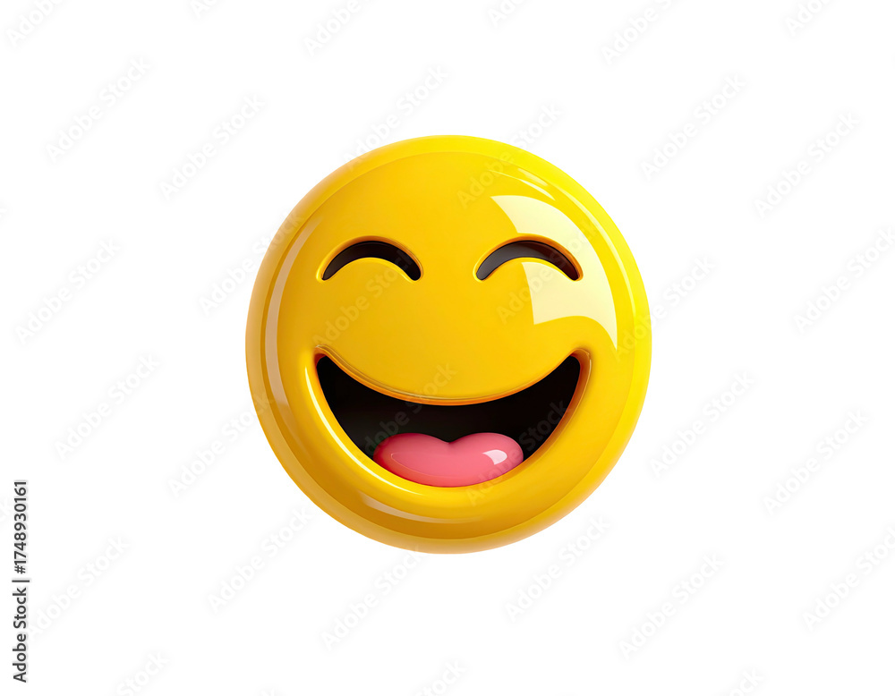 Fototapeta premium 3D rendered yellow smiley face with wide, open, happy mouth, on black