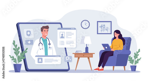 Virtual doctor visit brings healthcare to you, happy patient consults with friendly doctor through telehealth app on tablet in cozy home setting