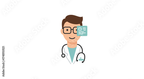 Friendly doctor with glasses, stethoscope and patient notes offers professional medical service, ideal for telehealth, health clinics, and medical marketing