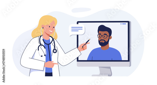 Doctor consults with patient online via video call, offering convenient telemedicine solutions for modern healthcare and wellness, creating a caring virtual experience