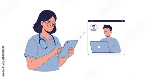 Dedicated doctor uses tablet for a telehealth consultation, connecting with a patient remotely for convenient healthcare in a modern digital world