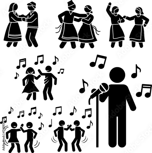Singing, Dancing, and Folk Celebration Stick Figure Icons Set