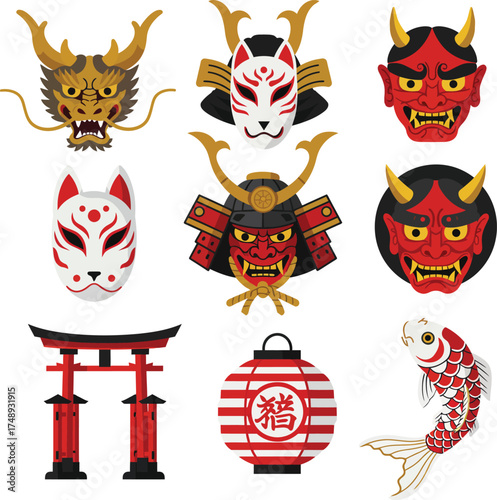 Japanese Cultural Icons and Traditional Symbols Collection.