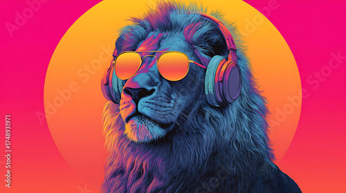 Vibrant neon-lit lion wearing sunglasses and headphones against a vivid sunset gradient backdrop!!!!