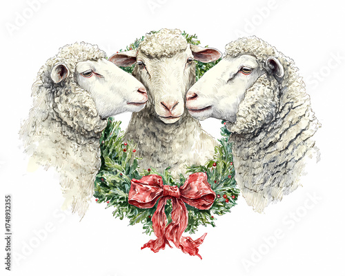 Three sheep are standing in front of a wreath