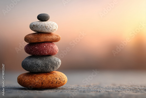 Glossy 3D render of colorful pebbles stacked in a balanced tower symbolizing calmness