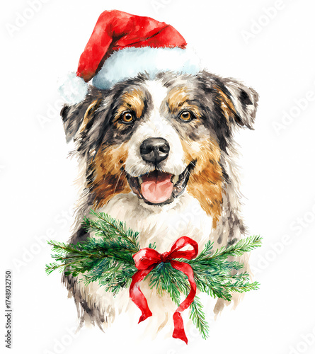 A dog wearing a red hat and a red ribbon
