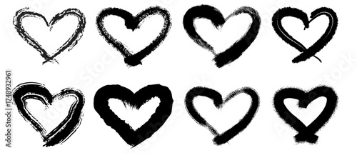 Hand Drawn Heart Brush Strokes, Grunge Love Symbols Collection, Black Ink Hearts for Valentine’s Day Designs and Romantic Art