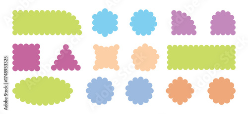 Zigzag wavy shape frames. Scallop Frame Wavy Retro Stickers Collection. Zig Zag Edge Geometric Borders Tag Boxes. Vector illustration