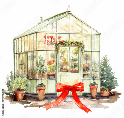 A greenhouse with a red ribbon tied around the door
