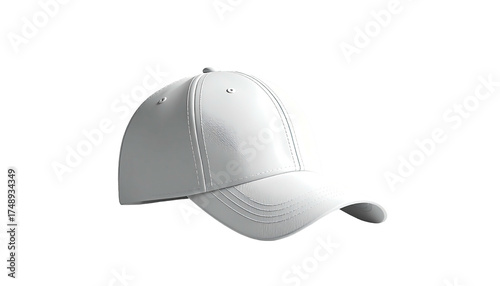 A clean, white baseball cap angled to the right, set against a stark black backdrop