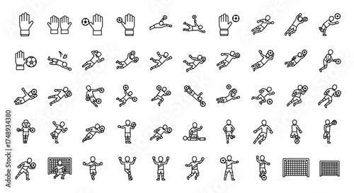Collection of line art icons depicting soccer goalkeepers, players, and equipment in various actions and poses.