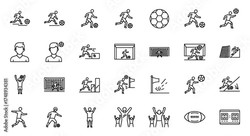 Collection of soccer-themed icons, depicting players, the ball, and game elements.