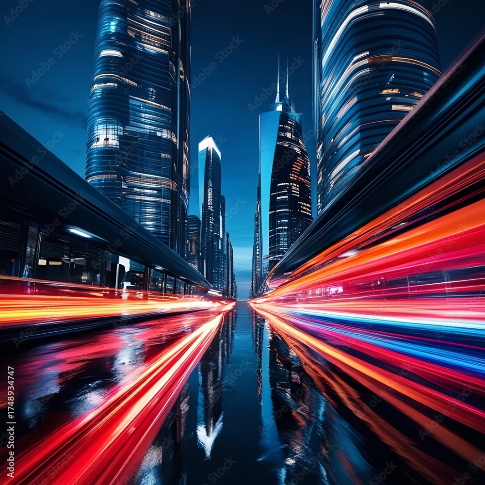 Fototapeta premium Vibrant streaks of red and blue light trails from moving vehicles illuminate a futuristic city street at night with towering skyscrapers