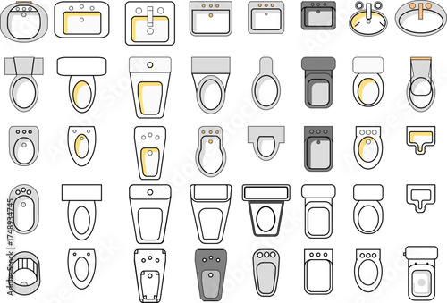 Comprehensive set of minimalist bathroom fixture icons — toilets, sinks, bidets, urinals in various styles and views, ideal for interior design, architectural plans, or UI mockups.