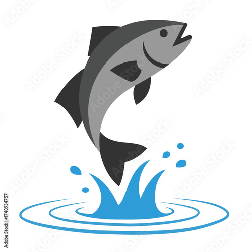 jumping fish logo with water splash and ripples, symbolizing fishing, marine life, and outdoor recreation