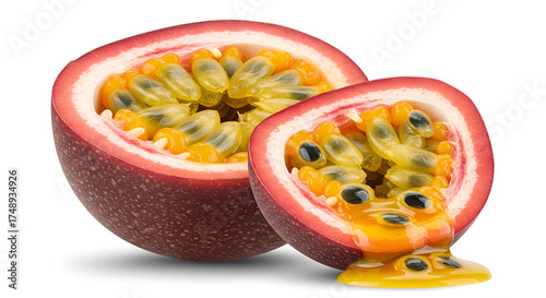 Cross-section of passion fruit with vibrant pulp details, isolated macro.