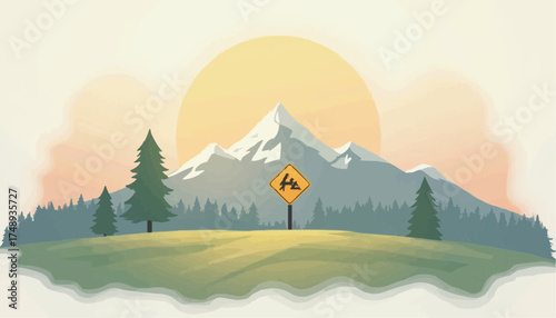 Scenic Mountain Landscape with Sun and Pine Trees in Soft Colors
