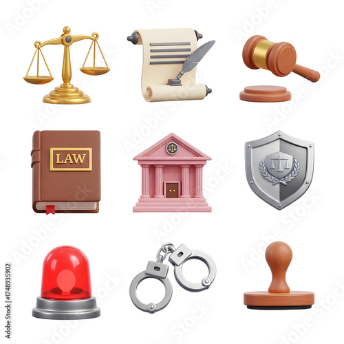 Law and justice 3D icon set featuring legal symbols perfect for app design and presentations isolated on