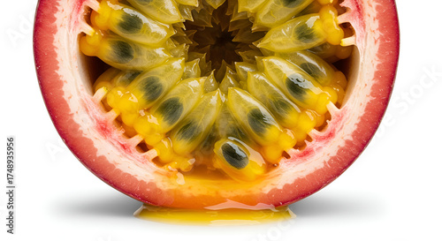 Cross-section of passion fruit with vibrant pulp details, isolated macro.