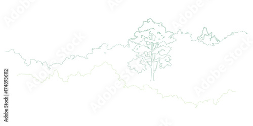 Stylized Landscape Outline with Tree Silhouette and Rolling Hills in Muted Green Tones