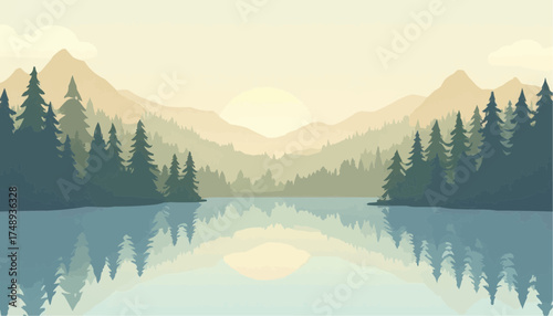 Serene Mountain Lake Landscape with Pine Trees and Sunrise in Soft Pastel Colors