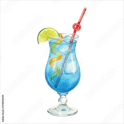 Blue Curaçao Tropical Cocktail Watercolor Vector Illustration on White Background
