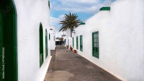 Small Street with Green Doors in Lanzarote, Spain