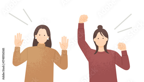 両手を上げて「やったー！」と喜ぶ二人 応援やエールを送る仲良し女性二人組のポジティブなイラスト