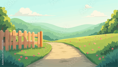 Colorful Cartoon Landscape of Sunny Green Meadow with Path and Wooden Fence in Nature