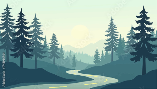 Serene Forest Landscape with Tall Pine Trees and Winding River at Sunrise
