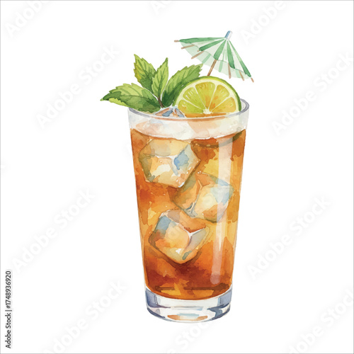 Falernum Cocktail Watercolor Vector Illustration on White Background
